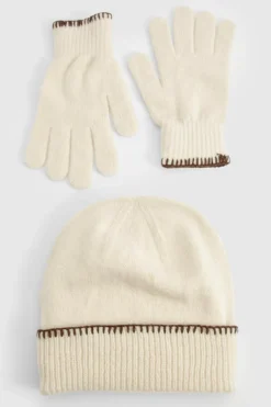 Earmuffs|Hats & Gloves*boohoo Blanket Stitch Trim Knitted Gloves & Beanie Set cream