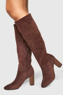 Heels|Over The Knee Boots*boohoo Block Wooden Heel Faux Suede Knee High Boots chocolate