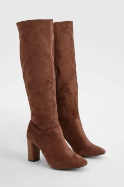 Heels|Over The Knee Boots*boohoo Block Wooden Heel Faux Suede Knee High Boots chocolate