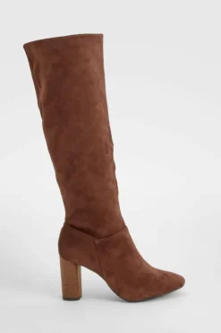 Heels|Over The Knee Boots*boohoo Block Wooden Heel Faux Suede Knee High Boots chocolate