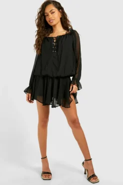 Smock Dresses*boohoo Blouson Chiffon Mini Dress black