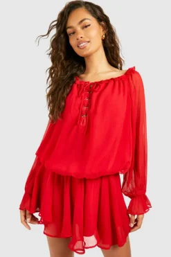 Smock Dresses*boohoo Blouson Chiffon Mini Dress red