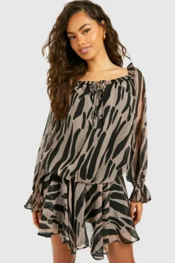 Smock Dresses*boohoo Blouson Printed Chiffon Mini Dress animal