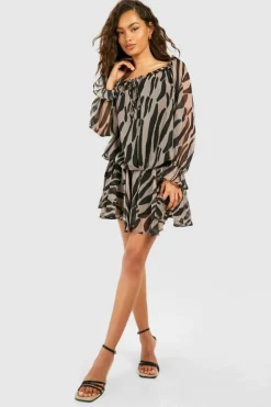 Smock Dresses*boohoo Blouson Printed Chiffon Mini Dress animal