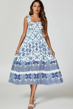 Smock Dresses*FS Collection Blue Border Print Hem Detail Tiered Maxi Dress In White