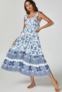 Smock Dresses*FS Collection Blue Border Print Hem Detail Tiered Maxi Dress In White