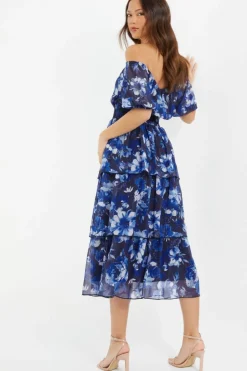 Midi Dresses*Quiz Chiffon Floral Bardot Midi Dress Blue