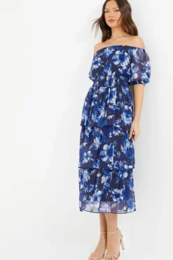 Midi Dresses*Quiz Chiffon Floral Bardot Midi Dress Blue