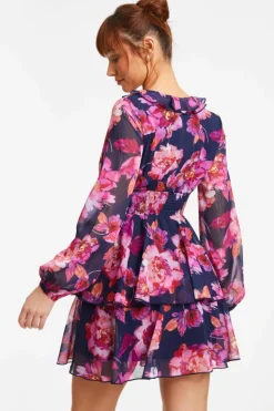 Skater Dresses*Quiz Chiffon Floral Tiered Skater Mini Dress Blue