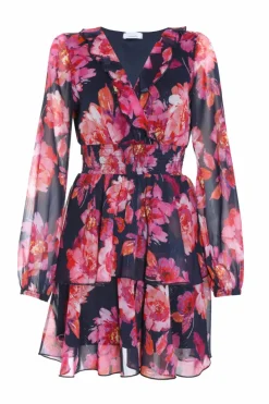 Skater Dresses*Quiz Chiffon Floral Tiered Skater Mini Dress Blue