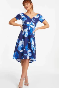 Midi Dresses*Quiz Floral Bardot Dip Hem Midi Dress Blue