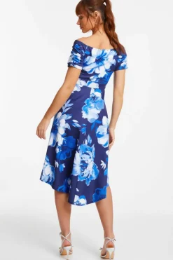Midi Dresses*Quiz Floral Bardot Dip Hem Midi Dress Blue