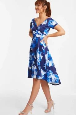 Midi Dresses*Quiz Floral Bardot Dip Hem Midi Dress Blue