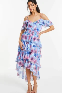 Midi Dresses*Quiz Floral Chiffon Tiered Midi Dress Blue