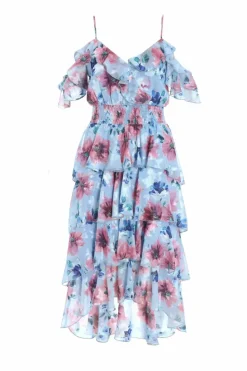 Midi Dresses*Quiz Floral Chiffon Tiered Midi Dress Blue