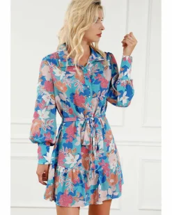 Shirt Dresses*Azura Exchange Floral Print Lantern Sleeve Belted Shirt Dress Blue