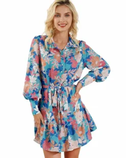 Shirt Dresses*Azura Exchange Floral Print Lantern Sleeve Belted Shirt Dress Blue