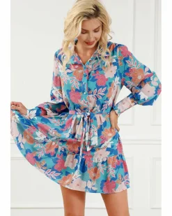 Shirt Dresses*Azura Exchange Floral Print Lantern Sleeve Belted Shirt Dress Blue