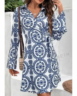 Wrap Dresses*Azura Exchange Floral Print V Neck Wrapped Knot Long Sleeve Dress Blue