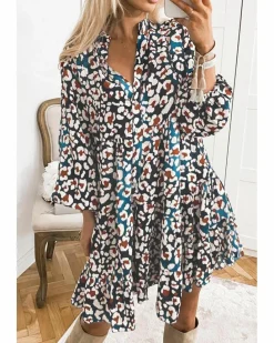 Shirt Dresses*Azura Exchange Leopard Print Bubble Sleeve Ruffled Shirt Dress Blue