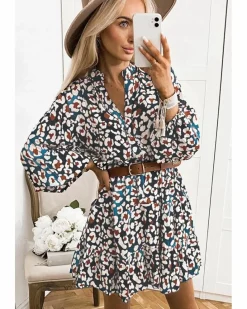 Shirt Dresses*Azura Exchange Leopard Print Bubble Sleeve Ruffled Shirt Dress Blue