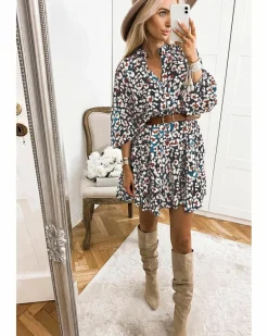 Shirt Dresses*Azura Exchange Leopard Print Bubble Sleeve Ruffled Shirt Dress Blue