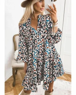 Shirt Dresses*Azura Exchange Leopard Print Bubble Sleeve Ruffled Shirt Dress Blue