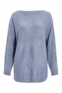 Jumpers*Quiz Light Knit Diamante Sleeve Jumper Blue