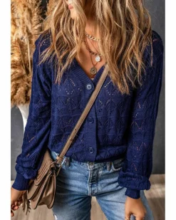 Cardigans*Azura Exchange Lightweight Buttoned Front Crochet Cardigan Blue