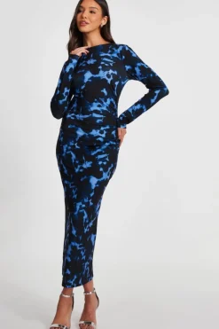 Midi Dresses*Quiz Marble Ruched Midi Dress Blue