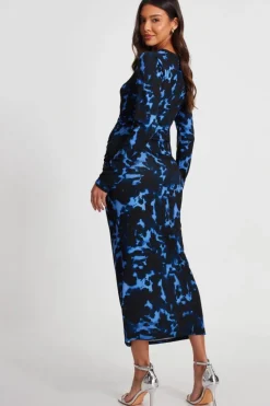 Midi Dresses*Quiz Marble Ruched Midi Dress Blue