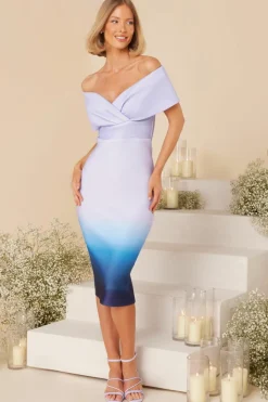 Midi Dresses*Quiz Ombre Bardot Ruched Midi Dress Blue