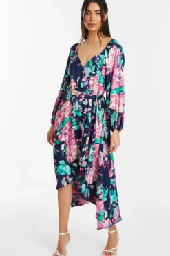 Wrap Dresses|Midi Dresses*Quiz Satin Floral Wrap Dip Hem Midi Dress Blue