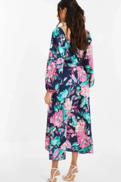 Wrap Dresses|Midi Dresses*Quiz Satin Floral Wrap Dip Hem Midi Dress Blue