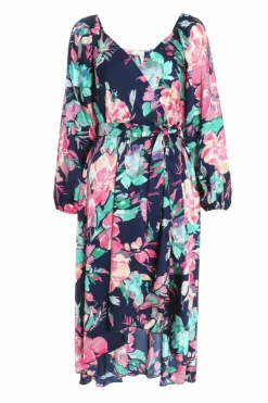 Wrap Dresses|Midi Dresses*Quiz Satin Floral Wrap Dip Hem Midi Dress Blue