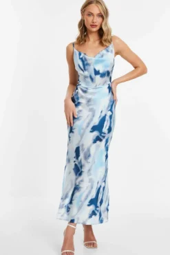 Midi Dresses*Quiz Satin Marble Print Midi Dress Blue