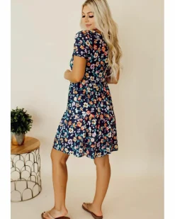 A Line Dresses*Azura Exchange Short Sleeve A-line Floral Dress Blue