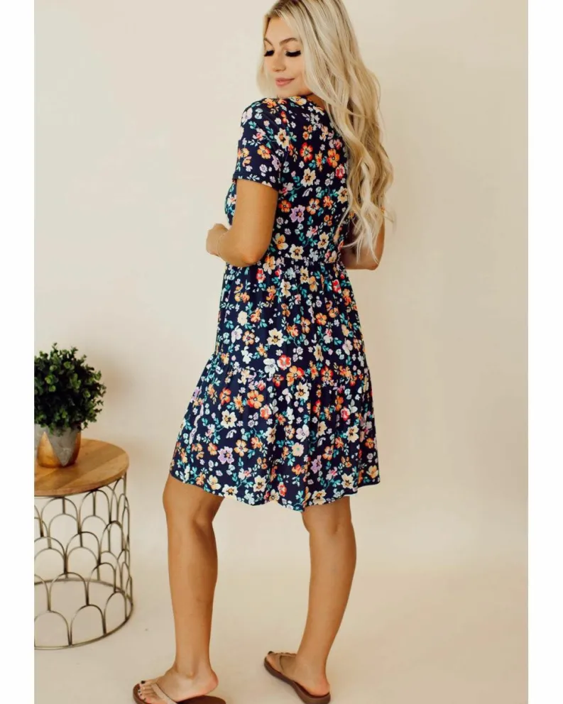 A Line Dresses*Azura Exchange Short Sleeve A-line Floral Dress Blue
