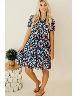 A Line Dresses*Azura Exchange Short Sleeve A-line Floral Dress Blue