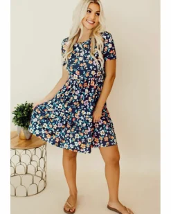 A Line Dresses*Azura Exchange Short Sleeve A-line Floral Dress Blue