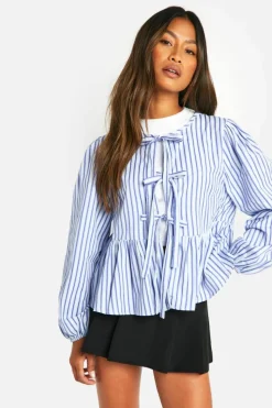 Long Sleeve Tops*boohoo Stripe Tie Front Puff Long Sleeve Smock Top blue