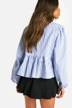 Long Sleeve Tops*boohoo Stripe Tie Front Puff Long Sleeve Smock Top blue