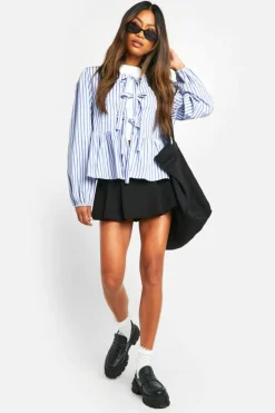 Long Sleeve Tops*boohoo Stripe Tie Front Puff Long Sleeve Smock Top blue