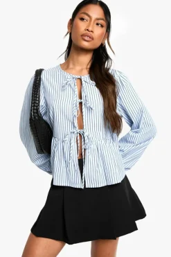 Long Sleeve Tops*boohoo Stripe Tie Front Puff Long Sleeve Smock Top blue