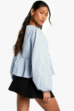 Long Sleeve Tops*boohoo Stripe Tie Front Puff Long Sleeve Smock Top blue