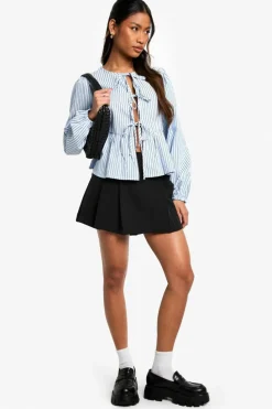 Long Sleeve Tops*boohoo Stripe Tie Front Puff Long Sleeve Smock Top blue