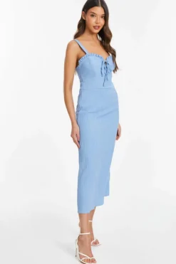 Midi Dresses*Quiz Textured Frill Midi Dress Blue
