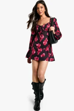 Skater Dresses|Mini Dresses*boohoo Blur Floral Milkmaid Mini Dress black