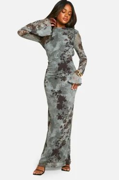Maxi Dresses|Long Sleeve Dresses*boohoo Blur Floral Scoop Back Maxi Dress green