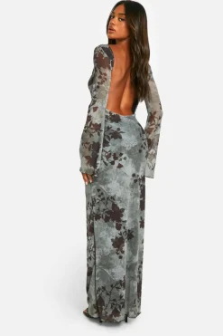 Maxi Dresses|Long Sleeve Dresses*boohoo Blur Floral Scoop Back Maxi Dress green